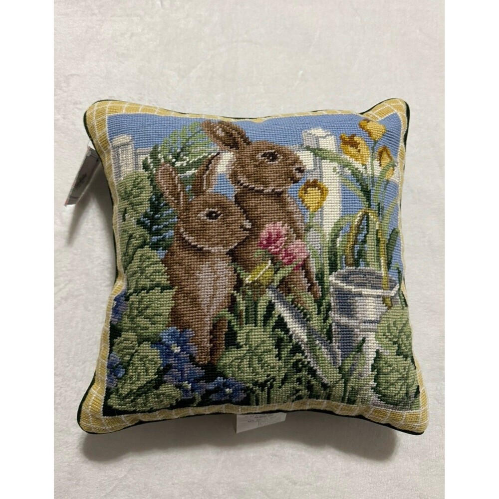 14" x 14" Bunnies Field Garden Wool Handmade Needlepoint Pillow Green Velvet